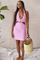 pink crochet cutout mini dress