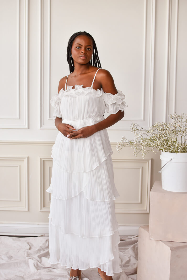 white ruffle off the shoulder maxi dress