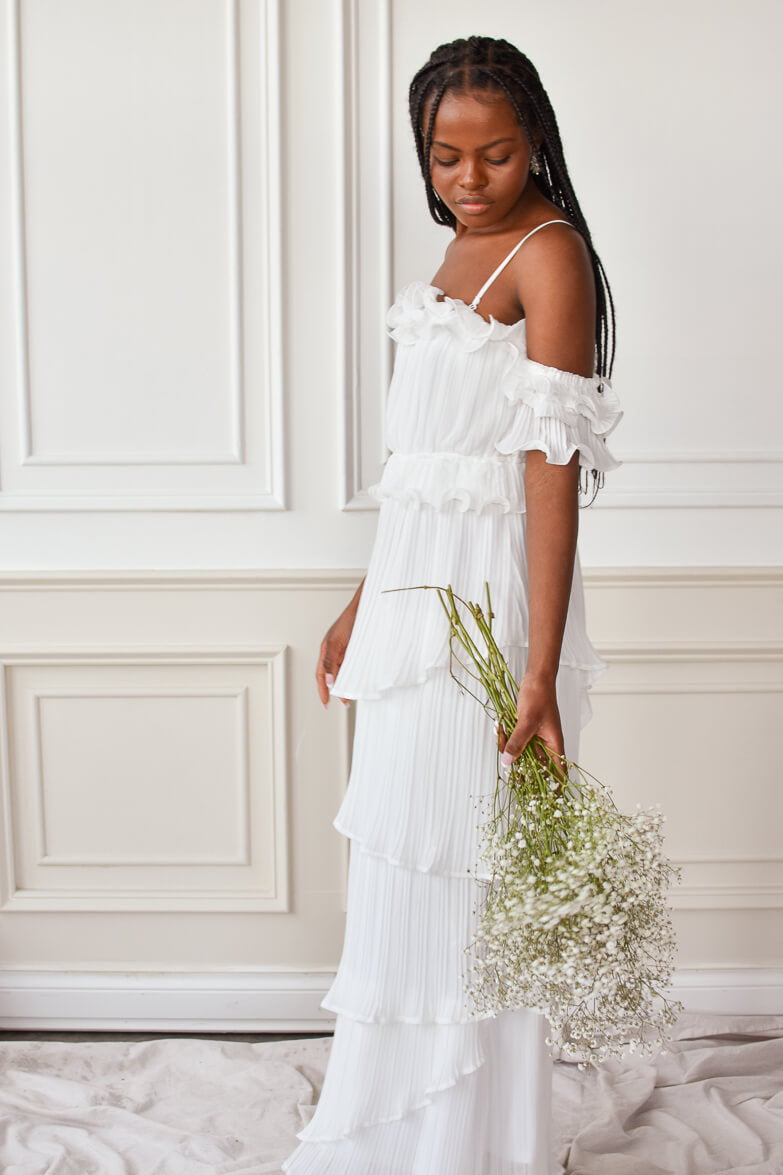 white ruffle off the shoulder maxi dress