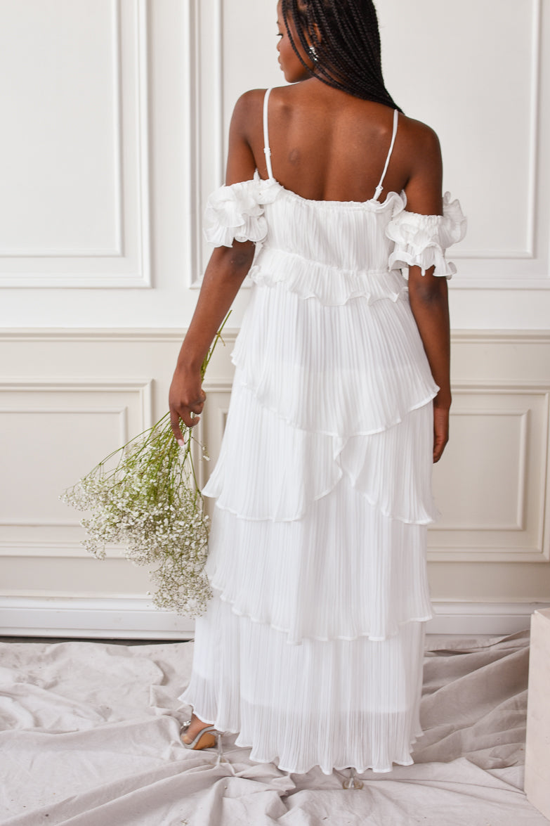 white ruffle off the shoulder maxi dress