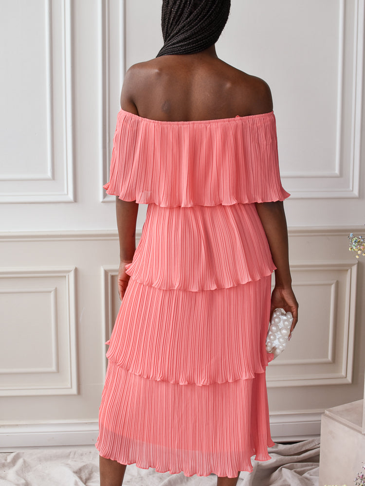coral pleated off the shoulder midi dress