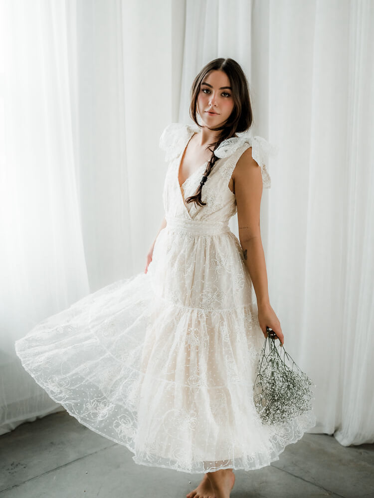 Nora Floral Embroidered White Midi Dress