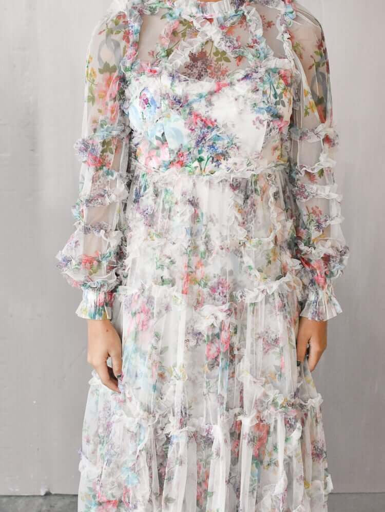 model wearing a pastel floral dress