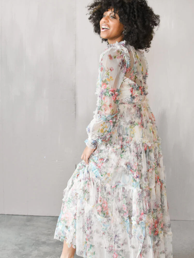 model wearing a pastel floral maxi dress