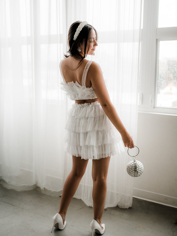 paulina white tulle mini skirt set with pearls and sparkles for bachelorette party