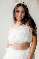 paulina white tulle mini skirt set with pearls and sparkles for bachelorette party