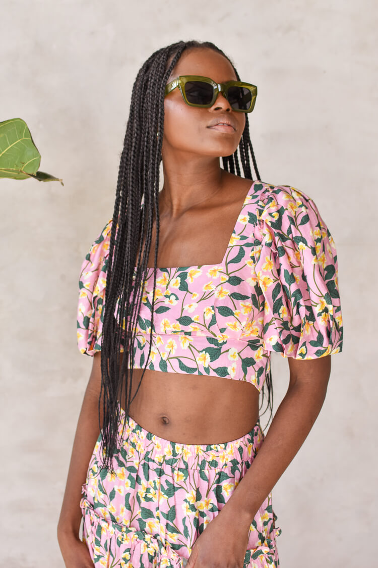 pink and green floral crop top from moon river