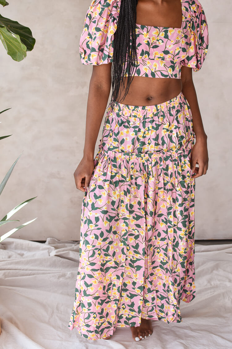 pink and green floral crop top from moon river