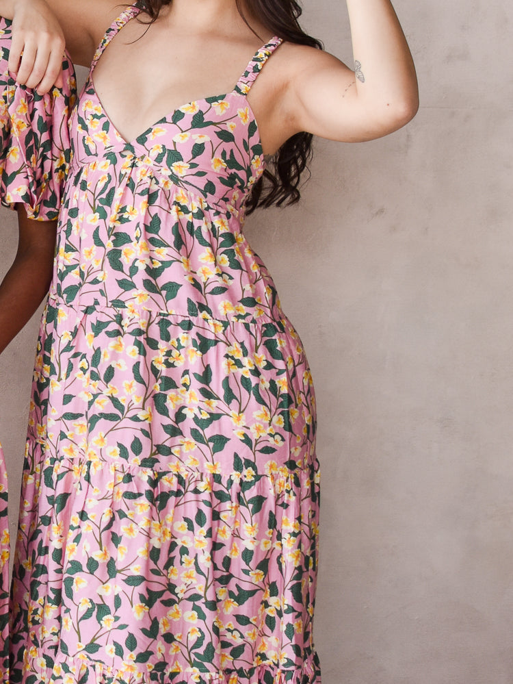 pink floral midi dress from moon river