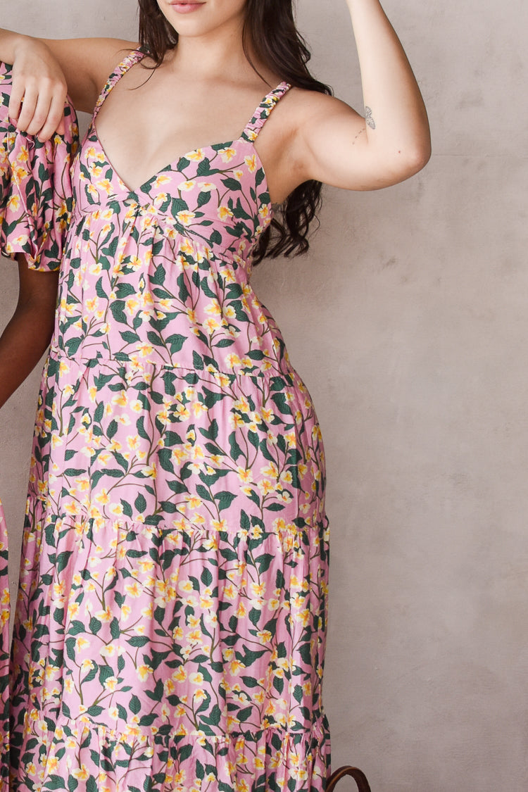 pink floral midi dress from moon river