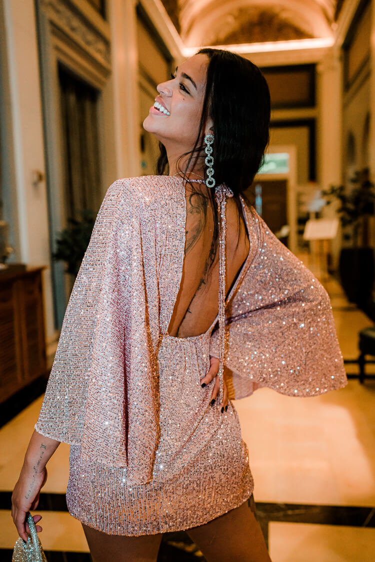 light pink sequin kimono style mini dress