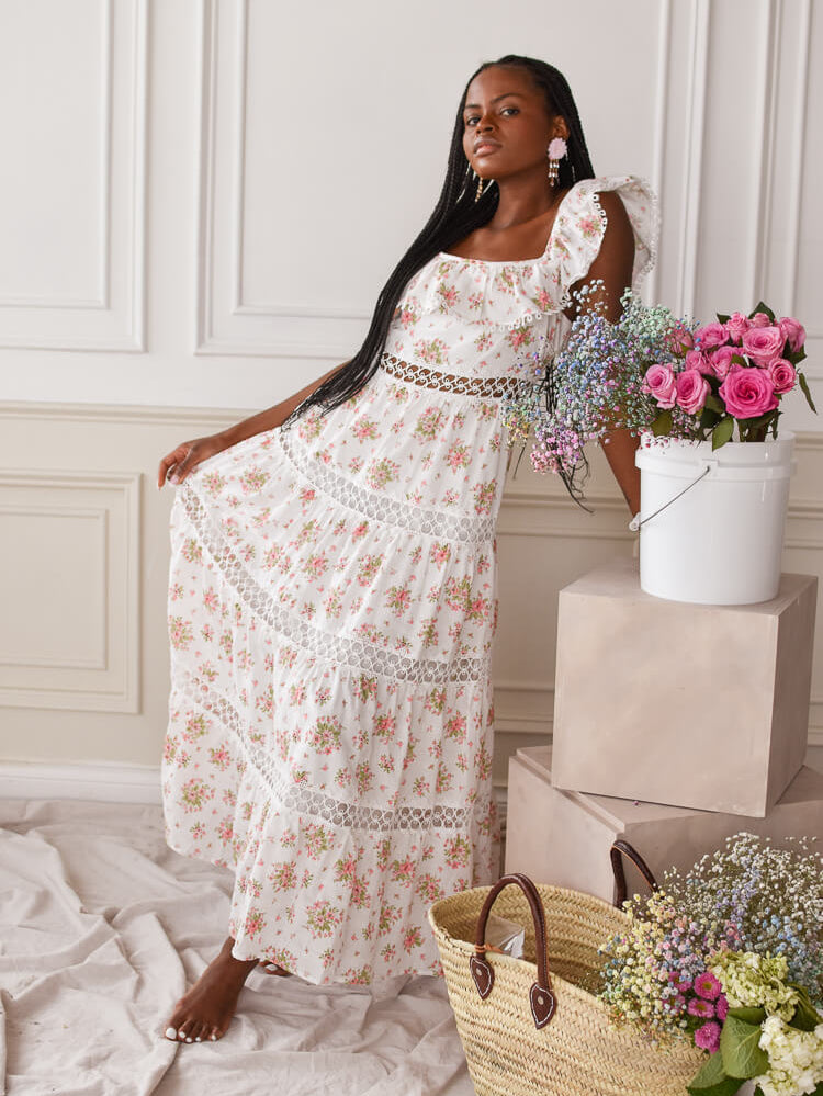 white and pink floral maxi dress with crochet detail