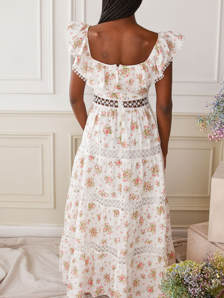 white and pink floral maxi dress with crochet detail