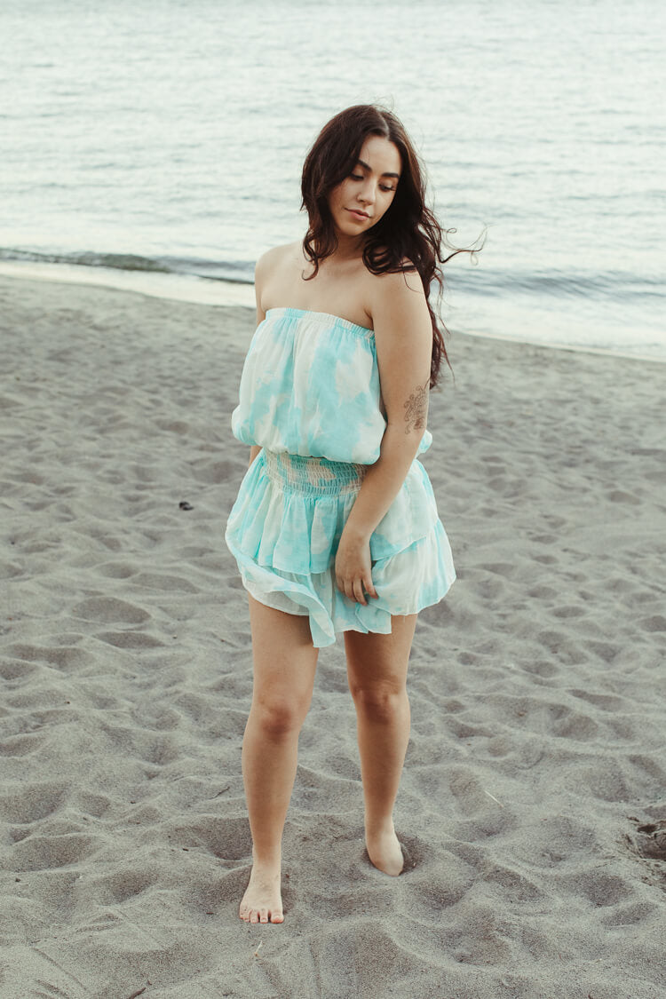 teal mini skirt, tie dye mini skirt, ruffle mini skirt, cute vacation skirt, cute vacation sets