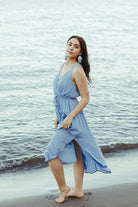 blue sundress, blue midi dress, blue beach coverup, blue flowy dress