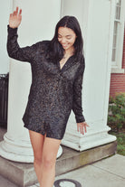 black sequin button down shirt dress