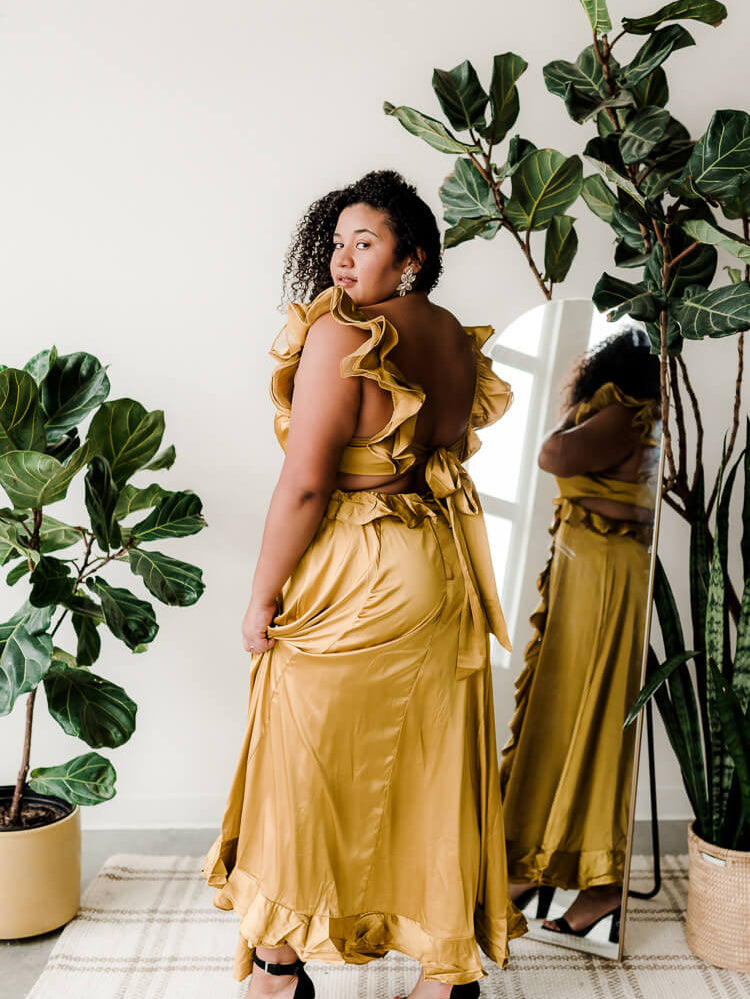 plus size yellow maxi dress with cutouts and ruffles