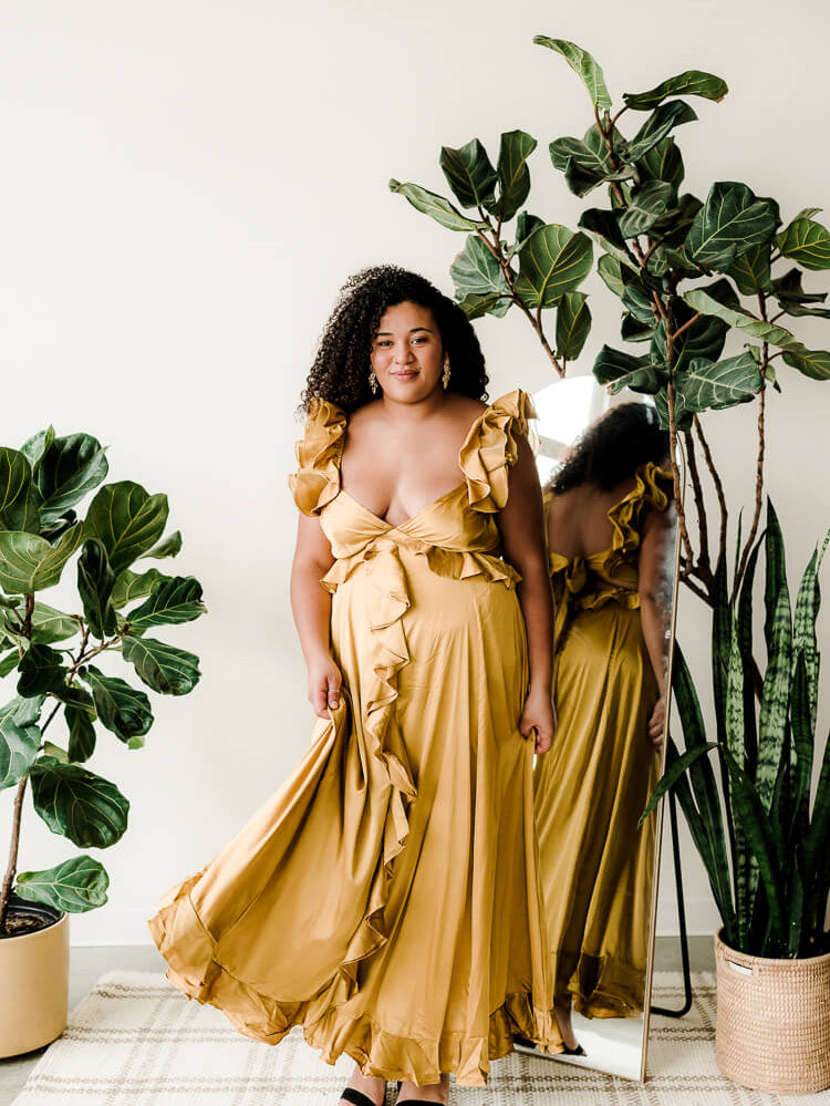 plus size yellow maxi dress with cutouts and ruffles
