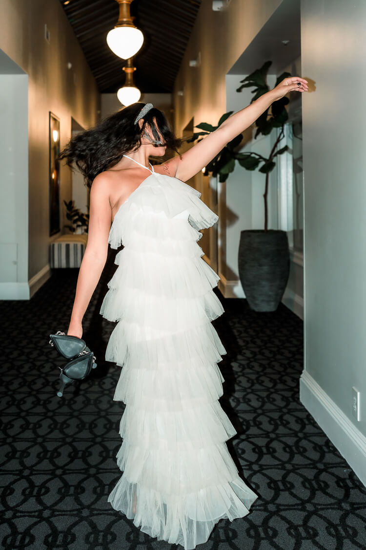 white tulle tiered halter maxi dress for bride