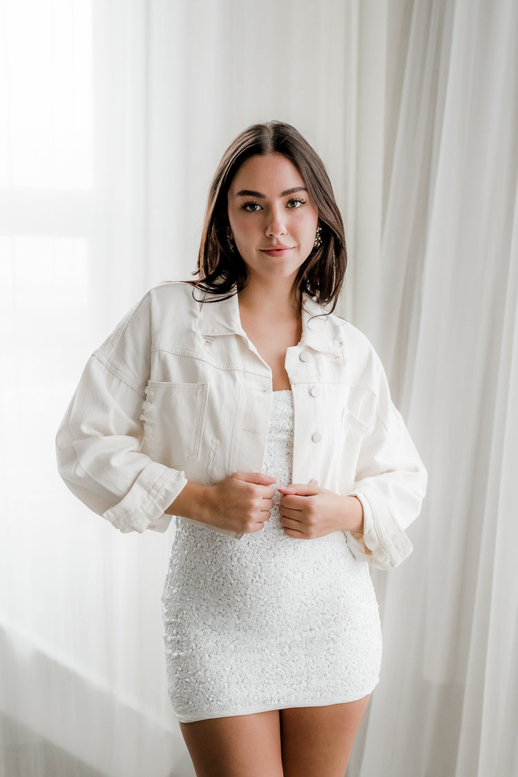 White distressed shop jean jacket