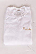 white sweatshirt with gold embroidered bride