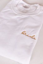 white sweatshirt with gold embroidered bride